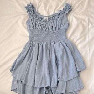 Urban Outfitters OU Rosie Smocked Tiered Ruffle Romper in Blue